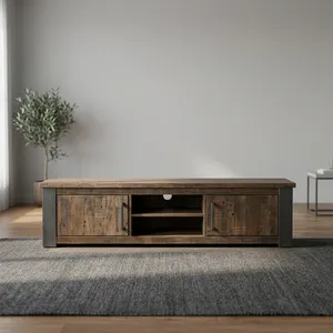 Mueble de TV de Madera Maciza Industrial, Consola Multimedia de 2 Puertas, Estructura de Metal Rústico, Mueble de Televisión para Sala de Estar - Product Image 5