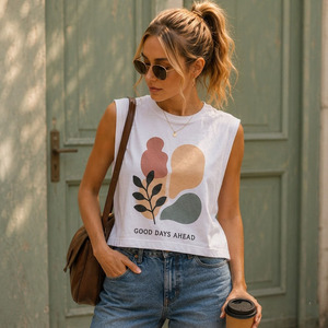 T-shirt sans manches en jersey simple tricoté pour femme, respirant, en coton, pour l'été - Product Image 1