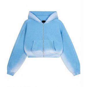 Sweat-shirt à capuche zippé court pour femme, bleu clair, en molleton, à manches longues, avec logo personnalisé de haute qualité, pour tenue décontractée d'automne - Product Image 1