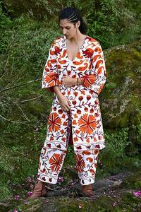 Suzani Embroidery Vibrant Orange And Rust Women's Jacket & Pant Combo With Side Pockets Azo Free Dyed Fabric Cotton Cord <b>Set</b> - Product Image 2