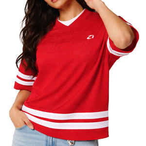 Vente en gros de maillots de football américain unisexes rouges à col en V, manches courtes, t-shirt de sport de haute qualité, 100% polyester, 220g, respirant - Product Image 2