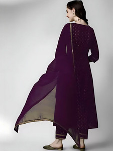 <b>Women</b> Purple Embroidered Rayon Anarkali <b>Kurta</b> Set Trousers Dupatta Traditional Indian Pakistani Wear Casual Regular Fit - Product Image 6