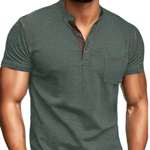 Short Sleeve Summer Casual Classic Cotton T-<b>Shirt</b> <b>with</b> <b>Pocket</b> and Button Front for <b>Men</b> - Product Image 2
