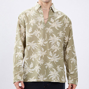 Camisa Hawaiana de Manga Larga con Estampado de Palmeras Verde Oliva para Hombre, Cuello en V, Estilo Vacacional, Tela Popelina, Ropa de Verano - Product Image 1