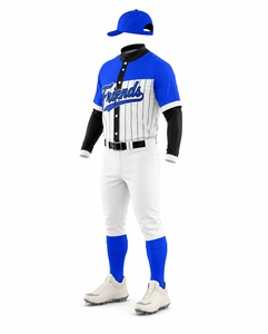 Ensemble d'uniformes de baseball pour hommes, maillot en polyester respirant à manches courtes, rayé blanc et bleu avec fermeture à boutons - Product Image 2