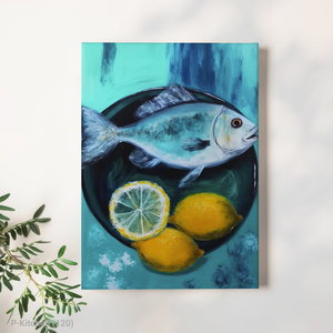 Kitchen Canvas Print Impressionist Lemon and Sardine Painting Modern Wood <b>Frame</b> Wall Decor - Product Image 1