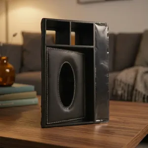 Leather Tissue Box Holder With Oval Cutout For Car <b>Console</b> Storage Portable Design <b>Black</b> Color - Product Image 4