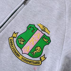 AKA Heather Grey Fleece Letterman <b>Jacket</b> Green <b>Pink</b> Stripe Unisex Varsity Style Embroidered Crest Patch Casual Outerwear - Product Image 6
