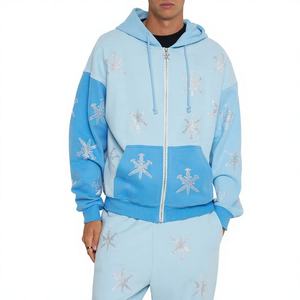 Sweat à capuche zippé en coton épais personnalisé avec motif en strass, style streetwear décontracté pour hommes, vente en gros - Product Image 6