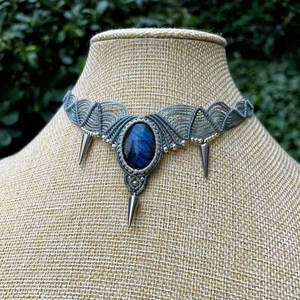 Collar Gargantilla de Macramé de Aleación de Zinc Hecho a Mano, Estilo Gótico Bohemio, con Púas, Ajustable, con Piedra Curativa, Cadena de Bambú, IGI - Product Image 3