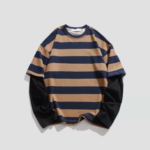 High Quality Custom logo DTG Print Long Sleeves Oversized Men French Terry Double Layer Stripe <b>Patchwork</b> Causal <b>Shirt</b> - Product Image 6