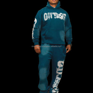 Parche bordado con apliques de letras personalizadas, apilados y pantalones acampanados jersey con capucha, chándal térmico para hombres - Product Image 4