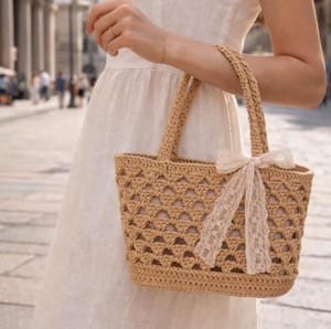 Handwoven Paper Yarn Tote Bag, Boho Summer Shoulder Bag, <b>Lace</b> Bow Detail - Product Image 1