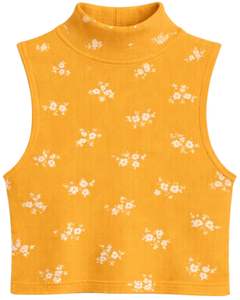 Top Corto Personalizado Amarillo Mostaza con Estampado Floral, Cuello Alto, Sin Mangas, Ajustado, Elástico, Verano, Casual, para Mujer - Product Image 1