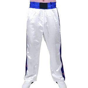 Pantalon de sport blanc avec bandes latérales violettes, pantalon d'entraînement MMA, pantalon de kickboxing, équipement d'arts martiaux, pantalon d'entraînement de combat en satin - Product Image 1