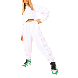 Women 100% Cotton Breathable Casual Solid Color <b>White</b> Full Length <b>Cargo</b> Tracksuit Crew Neck Long Sleeve Crop Top Set For Sale - Product Image 1