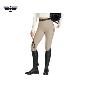 Women High Waist Beige Riding Pants Spandex Nylon Four-Way Stretch Elastic Waist Pockets Ankle-Length Knitted Solid - Product Image 4