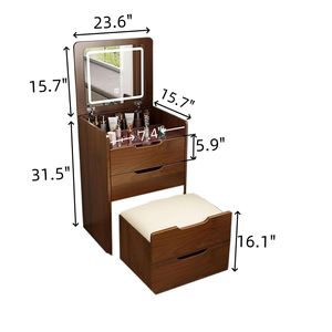 Set da Trucco Compatto 3-in-1 in Noce con Specchio Ribaltabile da 60cm e Piano in Vetro Visibile, Piccola Scrivania per Trucco - Product Image 2