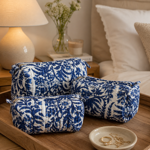 Ensemble de 3 trousses de maquillage bleues à motifs botaniques, en coton matelassé, pour femmes, sacs cosmétiques de voyage, rangement de beauté, fermeture éclair, ensemble cadeau - Product Image 2