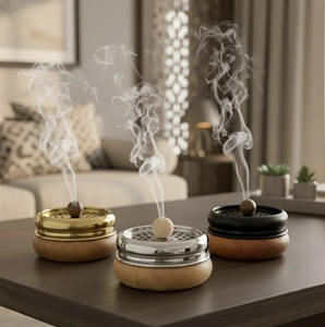 Ensemble de brûleurs d'encens de qualité supérieure, diffuseur d'aromathérapie en bois avec couvercle en métal, trois couleurs : doré, argenté, noir, porte-parfum pour la maison - Product Image 1