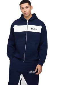 Sweat-shirt à capuche et pantalon de jogging assorti pour homme, bleu marine et blanc, avec logo personnalisé, fermeture éclair intégrale, OEM ODM, vente en gros - Product Image 3