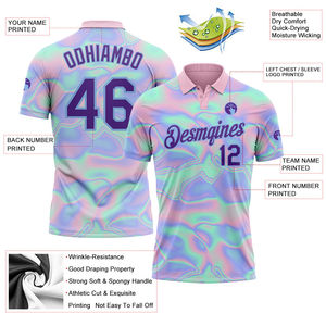 Hot Selling Custom <b>Light</b> <b>Blue</b> Purple 3D Pattern Design Abstract Trendy Holographic Vaporwave Style Performance Golf Polo <b>Shirt</b> - Product Image 3