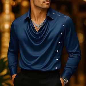 Camisa de satén color champán para hombre con cuello tipo capucha y detalle de botones laterales asimétricos. - Product Image 4