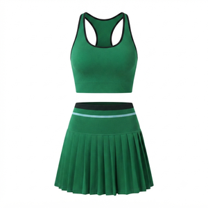 Women's Green Knitted Sporty 2 Piece <b>Set</b> Sleeveless Top Pleated Skirt Solid Color Breathable Spring Summer Workout Wear - Product Image 2