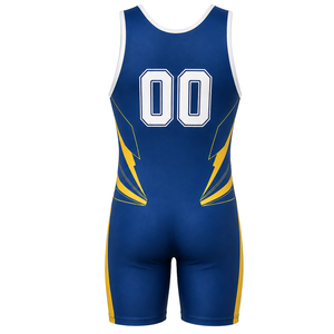Combinaison de lutte sublimée bleu roi et jaune pour hommes, imprimé numérique, en polyester, tenue de lutte, vêtements de sport pour la performance athlétique - Product Image 2