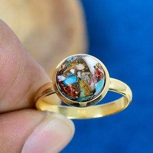 Natural Oyster <b>turquoise</b> Round Shape Cut Gemstone 18k Gold Plated Bezel Handmade <b>Ring</b> For Women - Product Image 1