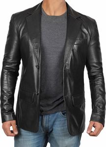 Chaqueta de Motociclista de Cuero Azul para Hombre, Cuello Camisero, Cierre de Cremallera, Corte Regular, Color Sólido, para Otoño - Product Image 3