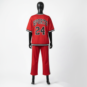 Conjunto de pantalones de malla de poliéster premium de 180 GSM con cuello y mangas con ribete en contraste rojo, panel lateral con franja y logo para mujer. - Product Image 6