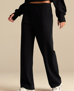Pantalon en molleton anti-UV pour femme, taille mi-haute, coupe droite, devant plat, 100 % coton, décontracté, longueur intégrale, couleur unie, tricoté, coupe ample, automne - Product Image 1