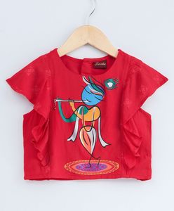 Girls Red Printed <b>Top</b> With Yellow Dhoti Pants Kids Ethnic <b>Festive</b> Traditional Party Wear Outfit Set Flutter Sleeve Combo - Product Image 4