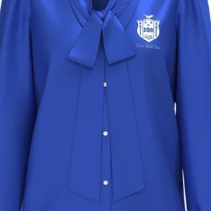 Zeta Phi Beta Bow <b>Blouse</b> Women Blue Long Sleeve Button Front <b>Satin</b> Top Elegant Sorority Apparel Stylish Office Shirt - Product Image 5