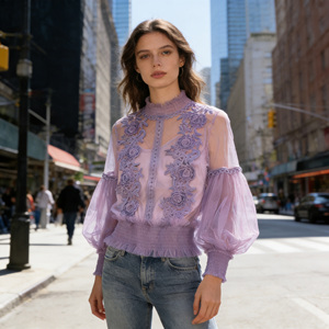 Oferta especial en Temu: Blusa elegante de encaje morado con bordado y malla para mujer, cuello alto, manga abullonada, top transparente. - Product Image 5