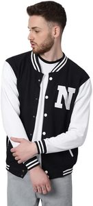 <b>Men's</b> Black White Varsity <b>Jacket</b> <b>Letter</b> N Print Preppy Style Regular Fit Polyester Material Autumn Wear - Product Image 1
