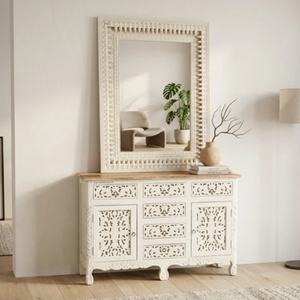 Traditional teak wood raw carved <b>dressing</b> <b>table</b> with large ornate <b>mirror</b> frame, available at wholesale prices. - Product Image 2
