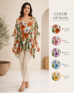 Boho Floral Print <b>Kaftan</b> Tunic Top Women Summer V Neck Adjustable Drawstring Waist Loose Fit <b>Beach</b> Cover Up Short Robe - Product Image 4