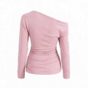 <b>Pink</b> One Shoulder <b>Long</b> <b>Sleeve</b> Ruched Asymmetric <b>Top</b> Suede Fabric Women Street wear Fashion Casual Party Club Wear Designer - Product Image 2