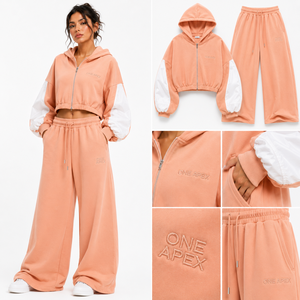 ชุดเซ็ตเสื้อฮู้ดครอปสีพีชสำหรับผู้หญิง ONE APEX ผ้าฝ้ายพรีเมียมเนื้อนุ่ม แห้งเร็ว พร้อมกางเกงขายาวทรงกระบอกมีซิป - Product Image 6
