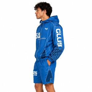 Chaqueta Cortavientos Azul con Capucha para Hombre, Marca Personalizada, con Cremallera y Pantalones Cortos a Juego, Traje Deportivo, Corte Regular, Ropa de Verano - Product Image 3