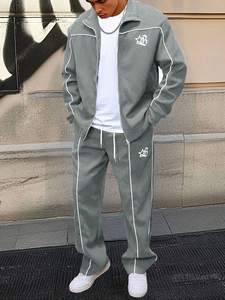 Conjunto de Pantalones y Chaqueta de Manga Larga con Estampado Minimalista Unisex, Diseño en Contraste, Chándal Gris, Ropa Deportiva, Cuello Alto, Venta al Por Mayor - Product Image 6