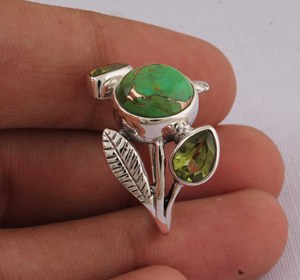 Natural Green Copper <b>Turquoise</b> Bezel Setting Leaf <b>Ring</b> 925 Sterling Silver Classic Organic Leaf Design Gemstone <b>Ring</b> - Product Image 1