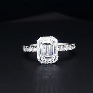 1.5ct Emerald Cut Lab Grown Diamond Halo <b>Ring</b> <b>14K</b> White <b>Gold</b> 1.2ct Pave Side Stone Engagement Wedding Jewelry IGI Certified - Product Image 1