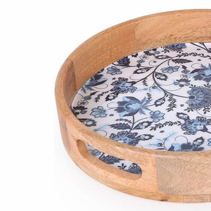 Plateaux décoratifs ronds en bois avec motif géométrique, 2 pièces, design moderne avec poignée, plateau de service décoratif en bois - Product Image 4