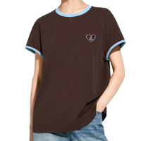 Kaos Katun Coklat Wanita Dengan Trim Biru Dan Bordir Hati, Atasan Rajut Lengan Pendek Kerah Bulat Model Longgar Kasual