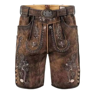 Premium Design Bavarian Lederhosen Solid <b>Brown</b> Leather <b>Shorts</b> Elastic Waist Slim Fit Eco-Friendly Anti-Wrinkle Breathable - Product Image 1