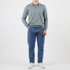 Polo en maille à manches longues personnalisé pour homme, vert sauge, 100 % coton, pull-over, hauts pour homme, fabricant OEM - Product Image 1