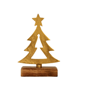 Golden Brass <b>Christmas</b> <b>Tree</b> Ornament With Star <b>Top</b> On Wooden Base <b>Table</b> <b>top</b> Traditional Holiday Decor <b>Christmas</b> decor home decor - Product Image 3